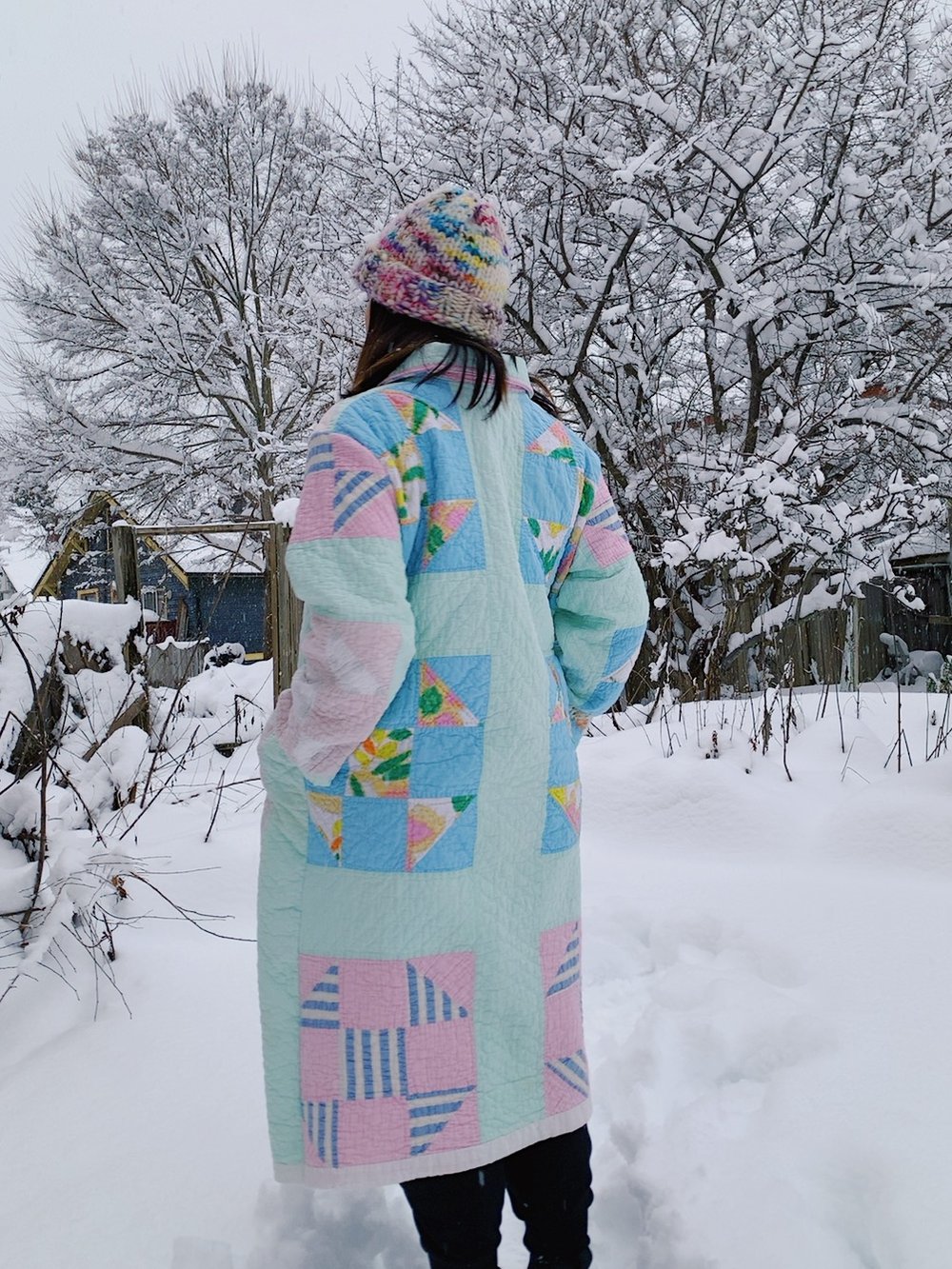 Image of Quilt Collared Duster Coat - Pastel Squares