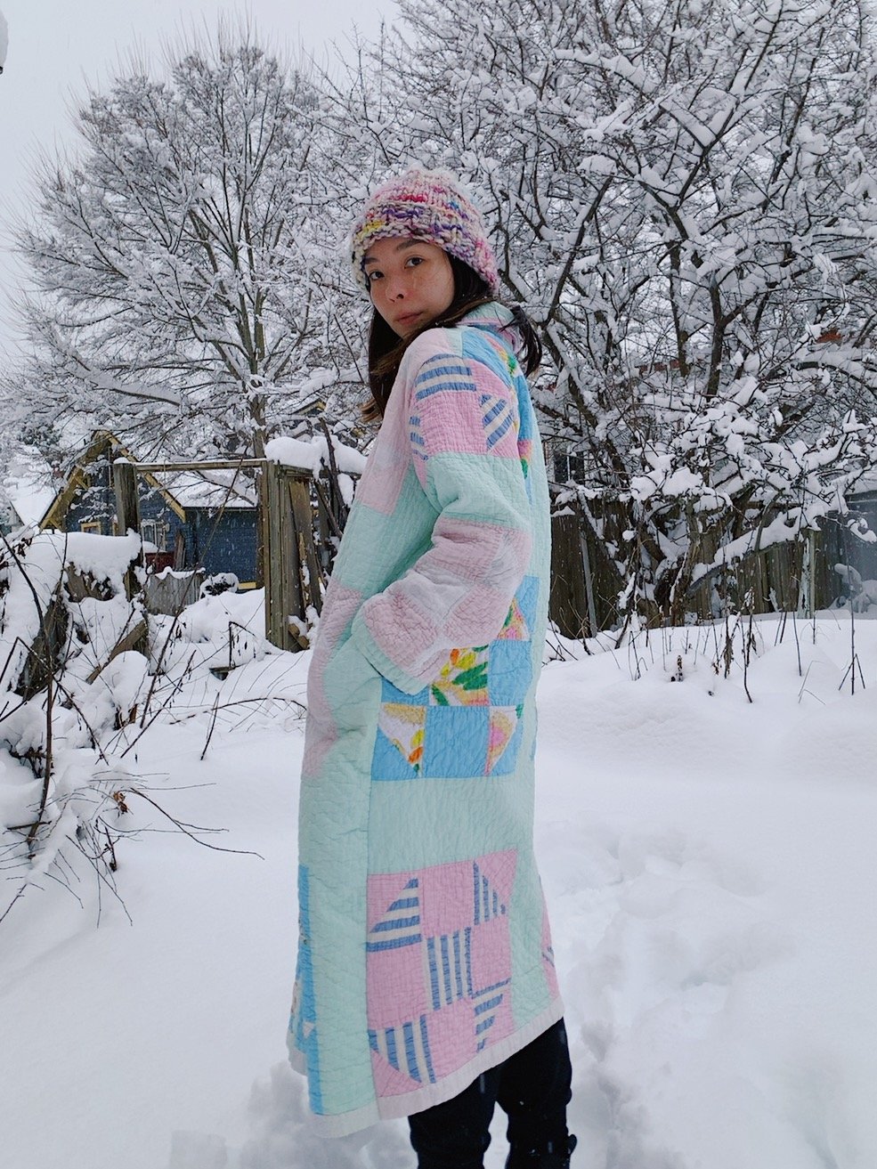 Image of Quilt Collared Duster Coat - Pastel Squares