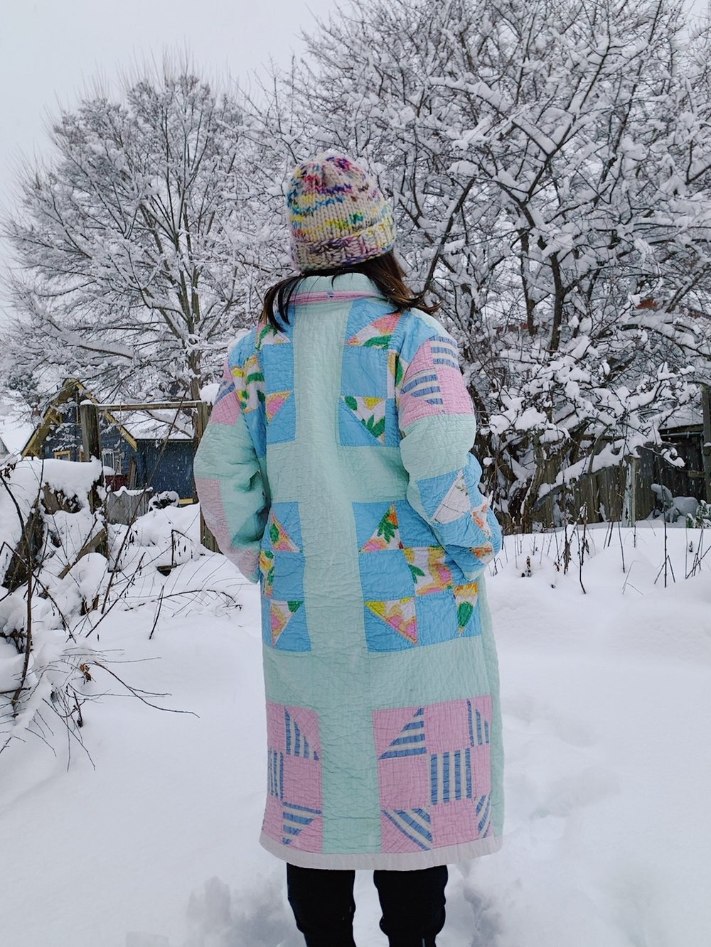 Image of Quilt Collared Duster Coat - Pastel Squares