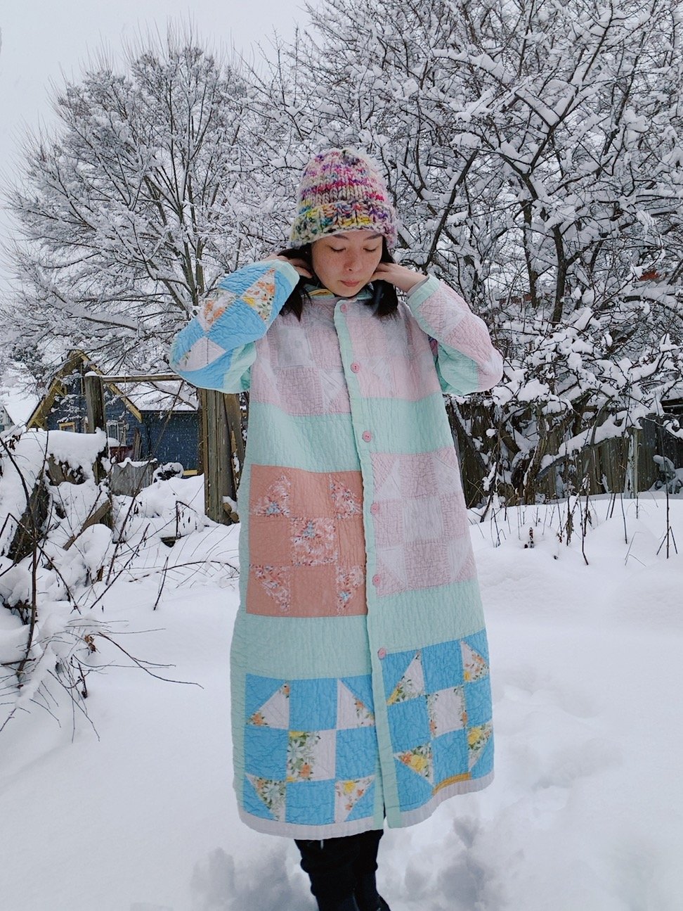 Image of Quilt Collared Duster Coat - Pastel Squares