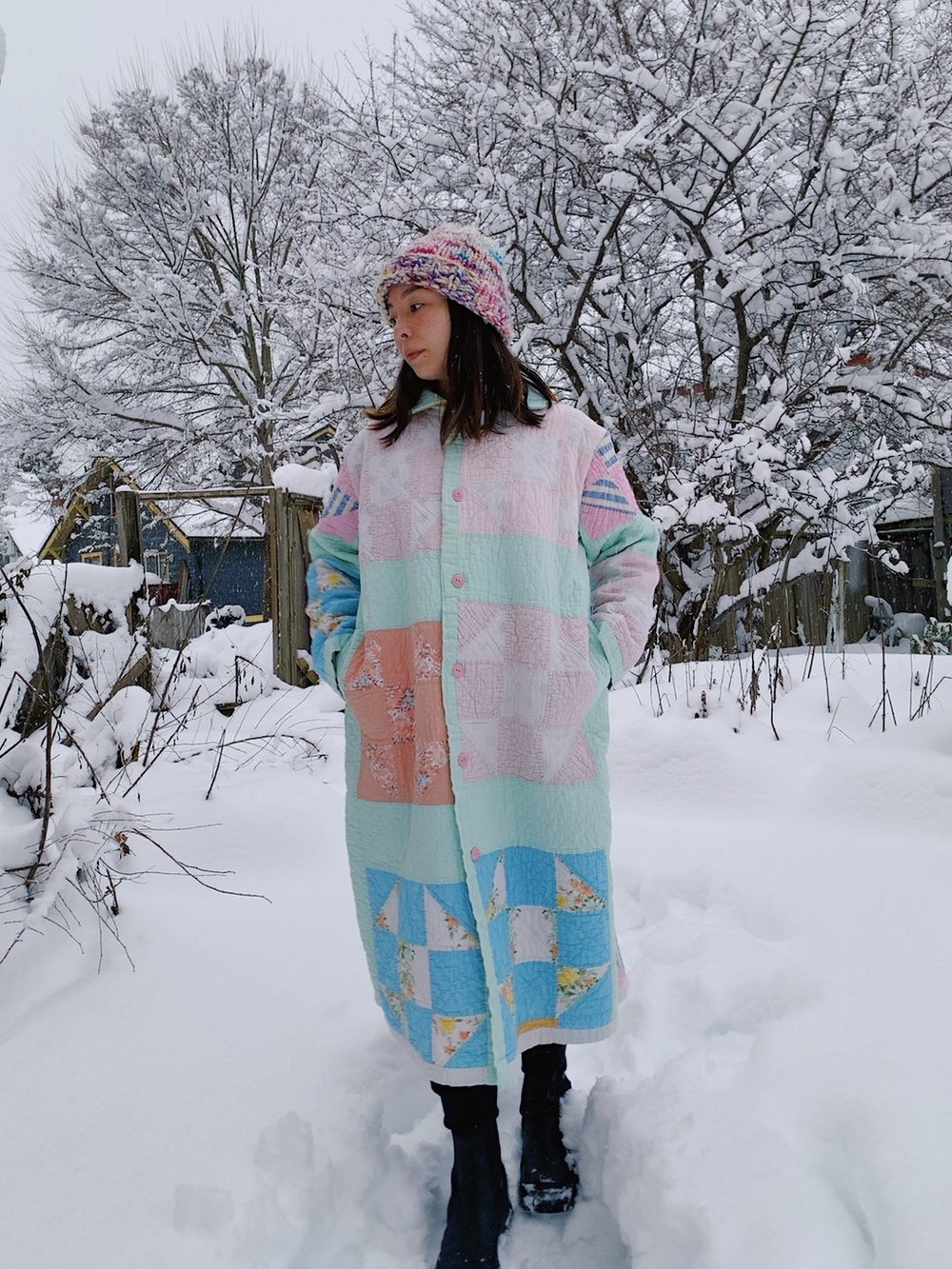 Image of Quilt Collared Duster Coat - Pastel Squares