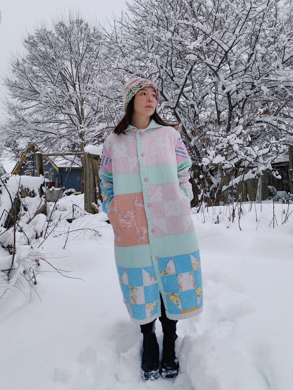 Image of Quilt Collared Duster Coat - Pastel Squares