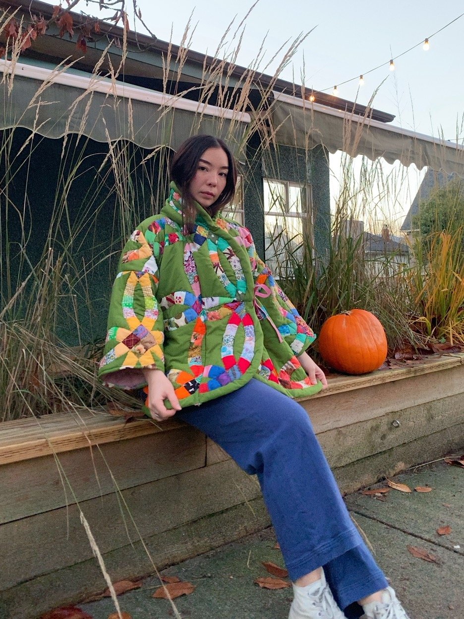 Image of Quilt Wrap Tie Coat — Green Wedding Ring