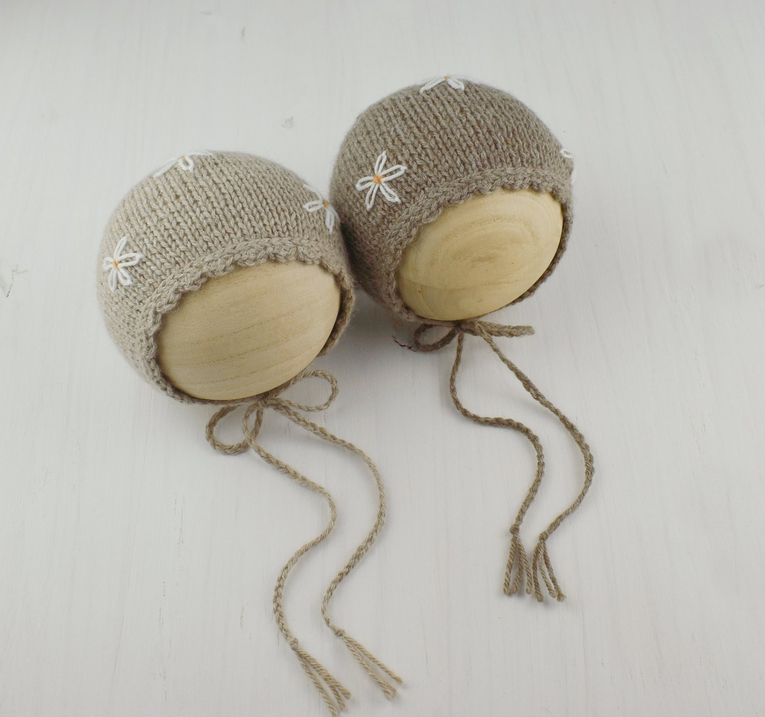 Image of Tan & Taupe  Daisy Embroidered Bonnets & Wraps