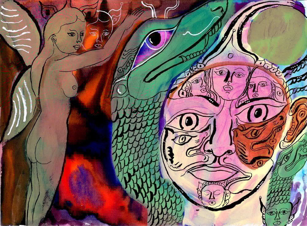Image of Angel and Dragon Mask archival print 22x17 inches