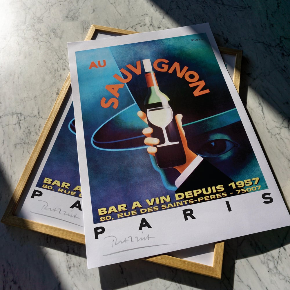 A bold and atmospheric poster featuring a hand elegantly holding a bottle of wine against a deep teal and indigo background. The mysterious figure in the shadows, with only one eye visible beneath a wide-brimmed hat, adds a cinematic sense of intrigue. The word SAUVIGNON arches across the top in vivid orange letters, contrasting sharply with the cool tones of the composition.  Beneath the central image, the text BAR &Agrave; VIN DEPUIS 1957 &ndash; 80, RUE DES SAINTS-P&Egrave;RES &ndash; 75007 PARIS grounds the design in authenticity and Parisian charm. The artist&rsquo;s signature, Razzia, appears at the bottom, completing the composition with his hallmark precision and elegance.  This piece embodies Razzia&rsquo;s signature neo-vintage style&mdash;rich color gradients, sharp typography, and a refined balance of mystery and sophistication&mdash;making it a timeless celebration of French wine culture and graphic artistry.