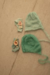 95.  blue set- 2 knit hats two headbands 