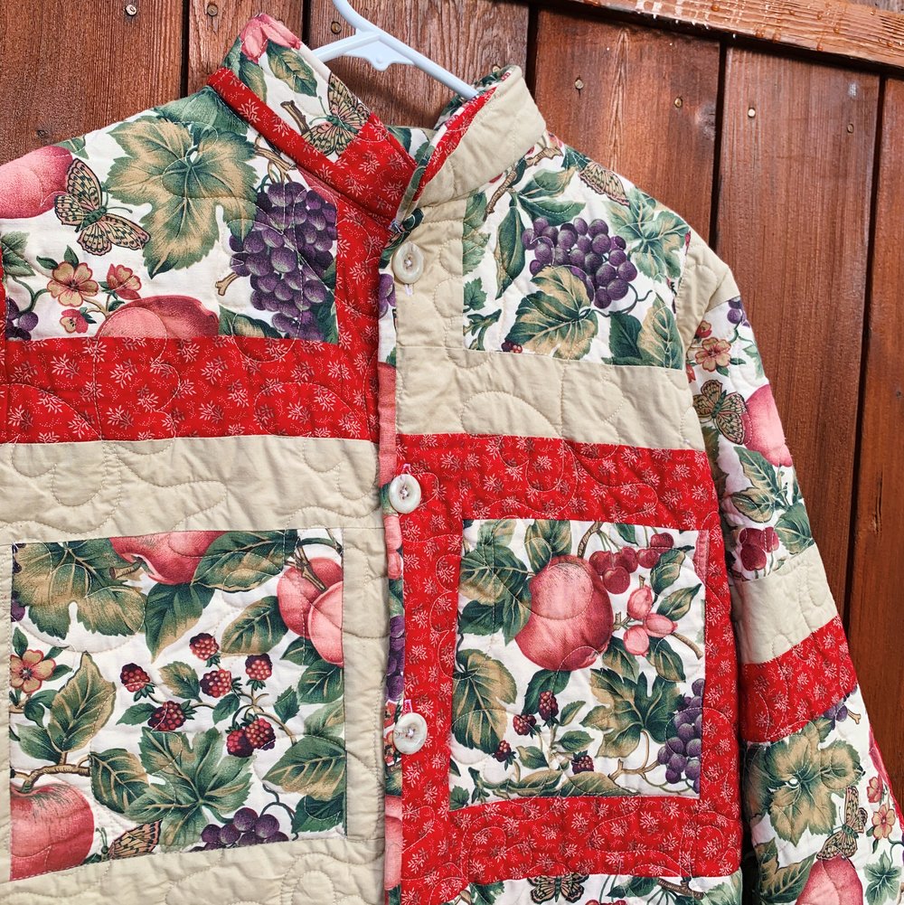 Image of Quilt Mandarin Collared Chore Coat — Botanical Illustrations