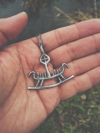 Image 2 of HAND CARVED STERLING SILVER (OXIDIZED) VIKING SHIP PETROGLYPH PENDANT