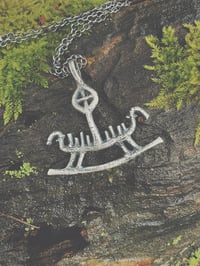Image 4 of HAND CARVED STERLING SILVER (OXIDIZED) VIKING SHIP PETROGLYPH PENDANT