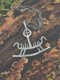Image 5 of HAND CARVED STERLING SILVER (OXIDIZED) VIKING SHIP PETROGLYPH PENDANT