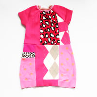 Image 4 of pink patchwork leopard plaid dots 5T courtneycourtney patchwork sweater dress short sleeve bubble