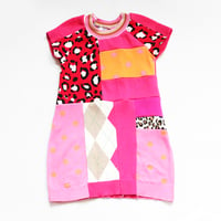 Image 1 of pink patchwork leopard plaid dots 5T courtneycourtney patchwork sweater dress short sleeve bubble