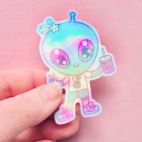 Image 1 of Cutie Star Alien with Boba Holographic Laminated Sticker