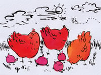 Three Hens and Chicks - Original Drawing 3x4"