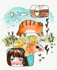 Fish and Cat Comic - Hand Colored Print 4x5"