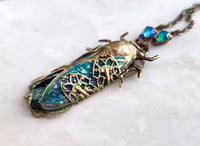 Image 3 of Cicada Necklace in Brass with Czech Glass Green Opal - Art Deco Insect Jewelry