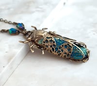 Image 5 of Cicada necklace, Verdigris wings with rare emerald green fire opal insect jewelry Art Deco style