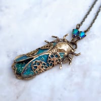 Image 6 of Cicada Necklace in Brass with Czech Glass Green Opal - Art Deco Insect Jewelry