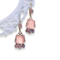 Image 7 of Art Deco Pink Tulip Earrings with Fire Opal accents, Handcrafted by Eras Jewelry