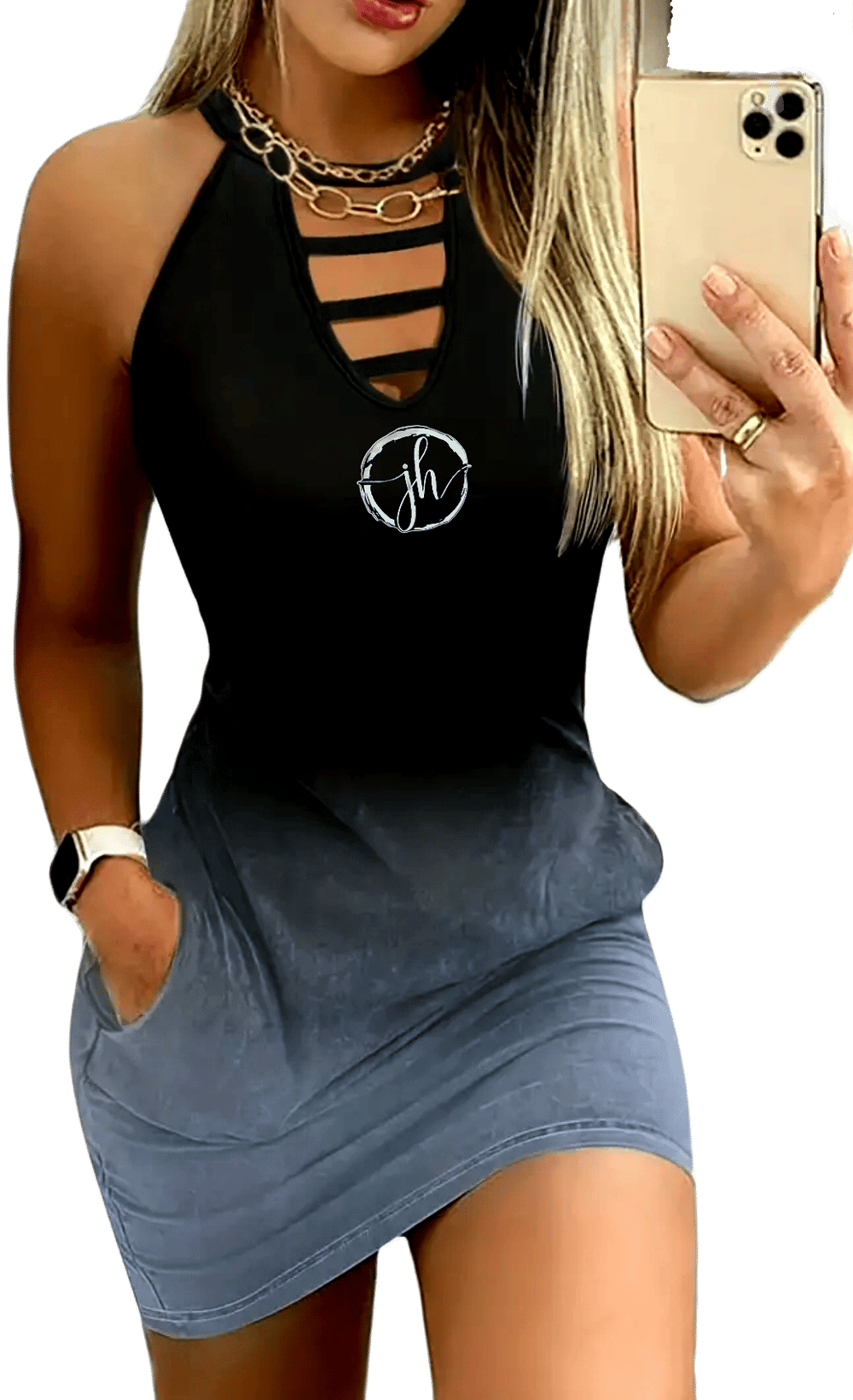 JH Brand 100% Polyester Black Gradient Sun Dress