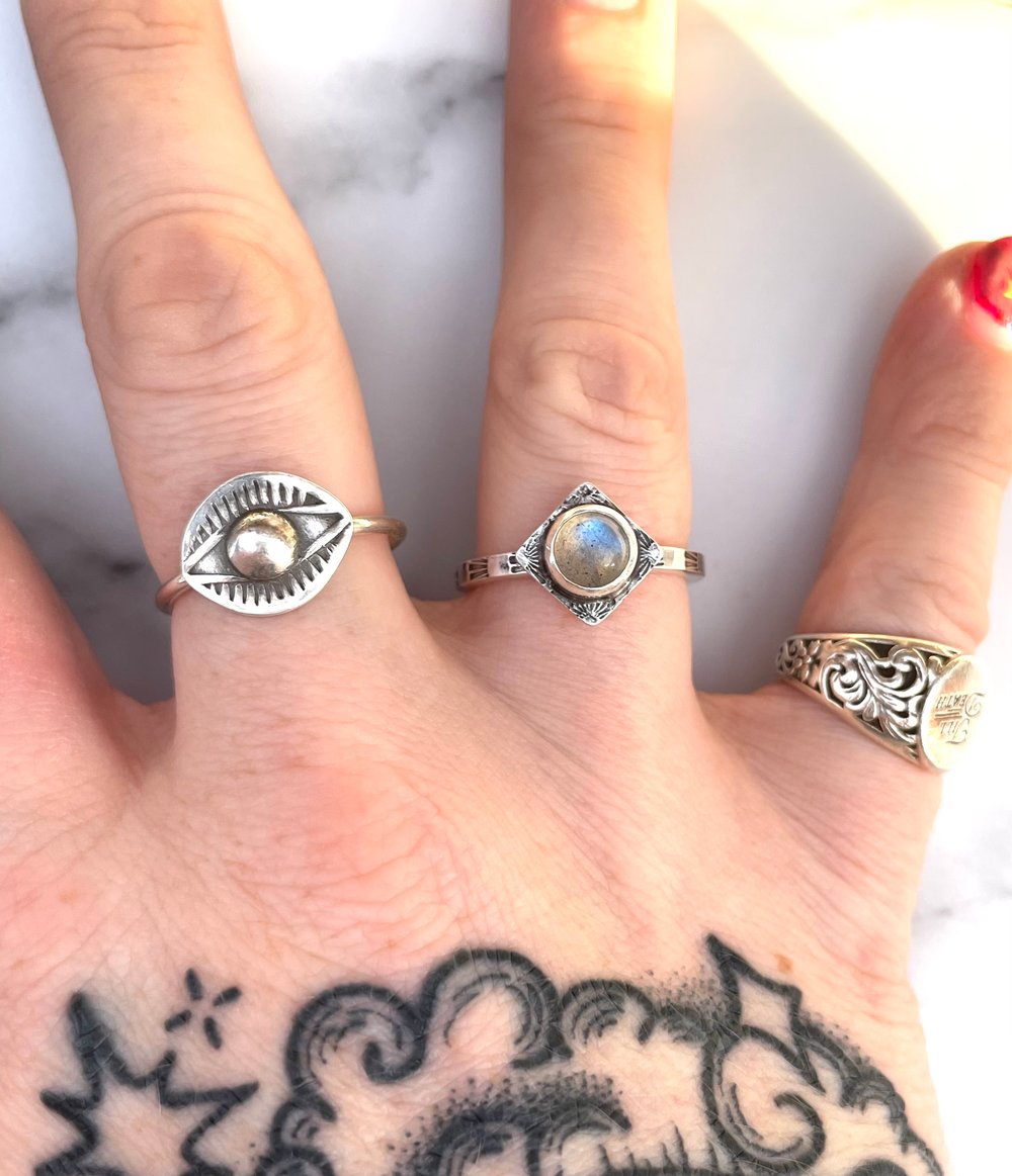 Handmade Sterling Silver Blue Labradorite Stamped Dainty Ring