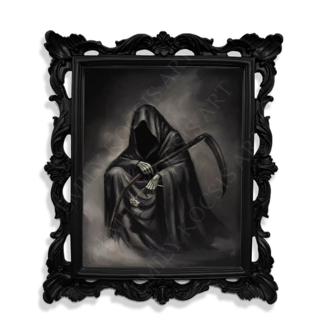 Original Painting Print // ‘Grim Reaper’ Holding Daisy in Oil 