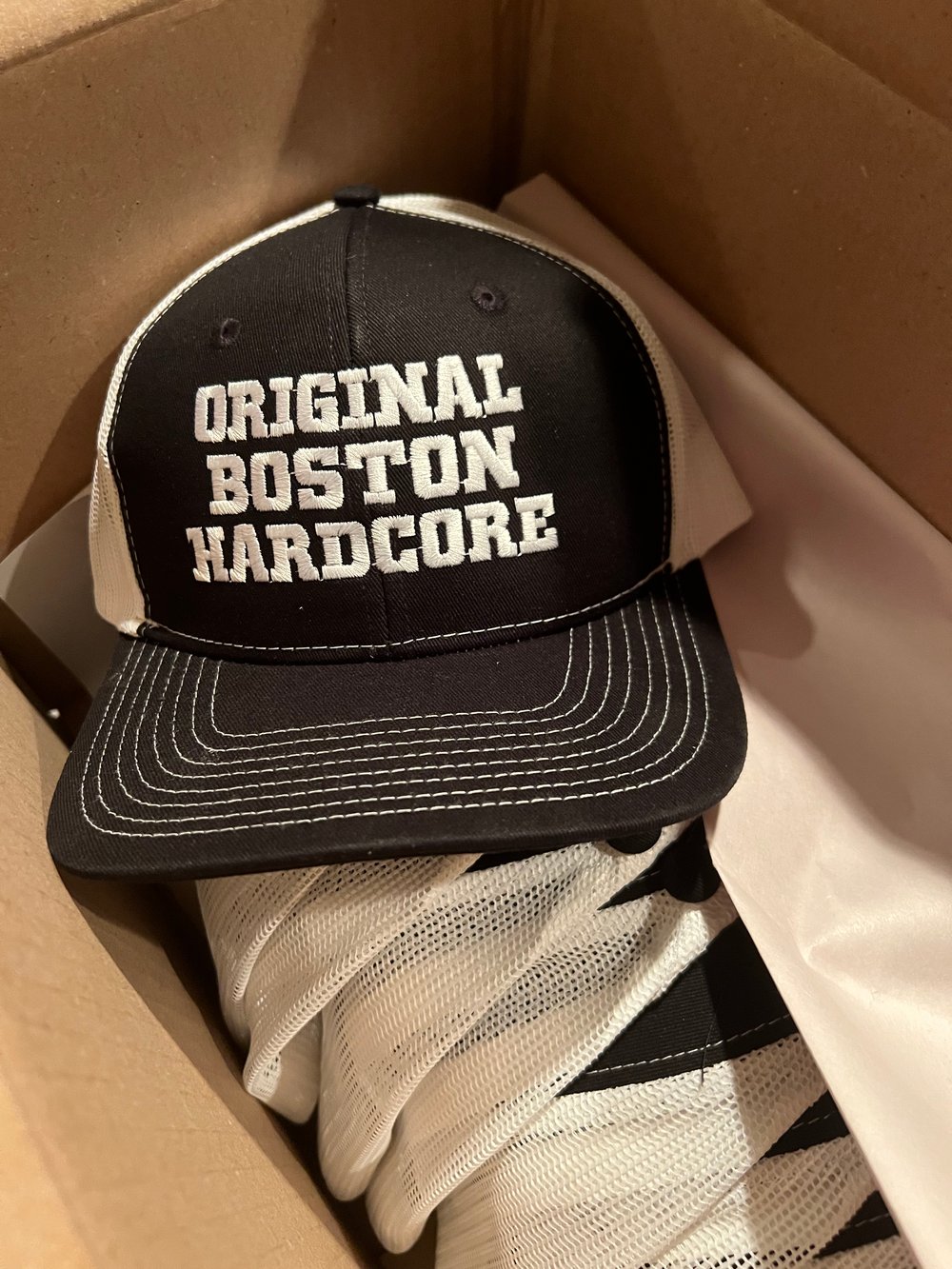 White "Original Boston Hardcore” Logo Snapback Trucker Cap