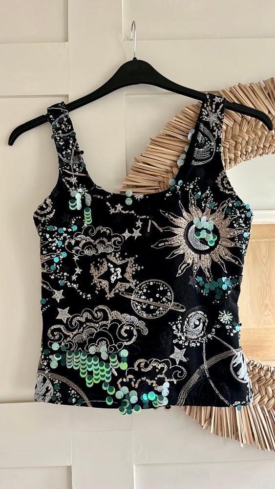 The Universe Top. Heavily embellished cosmic, star, sun and moon sequin top