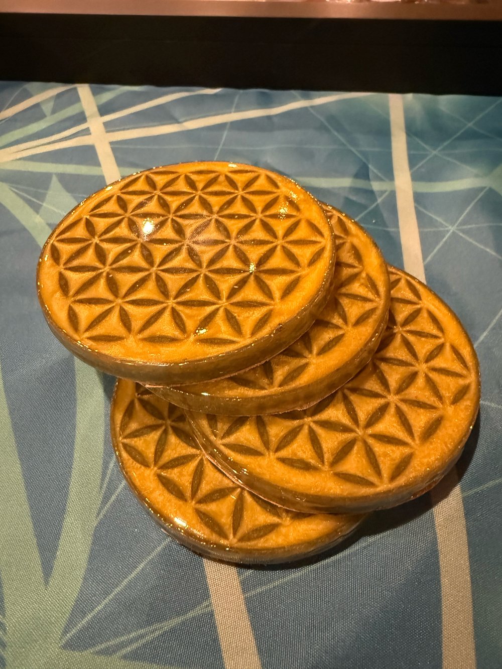 Image of Yellow and Green Flower of Life Coasters | Resin Art | Sacred Geometry | Drink Coasters