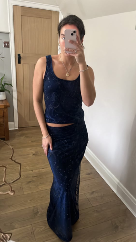 Midnight low-rise maxi Velvet Navy Embellished Tulle Skirt