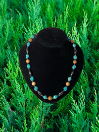 Image 1 of Cedar Wood, Turquoise, & MAGNETIC Hematite necklace 20”