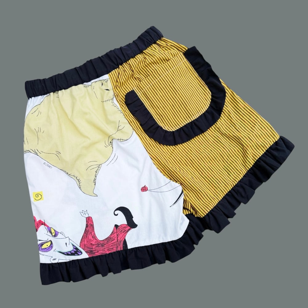 Image of High Waisted Ruffle Shorts — Spooky Yellow Stripe