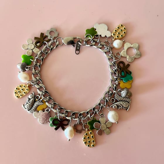 Image of One of a Kind Charm Bracelet - Green flowers, bows, Squirrels, Pearls