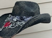 Image 2 of Black Cowboy Hat Gray Bandana and Silver & Red Heart Band