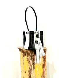 Image 1 of Black And White Striped Leather Top Handle Mini Bucket