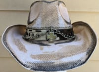 Image 1 of White/Tan/Black Painted Cowboy Hat Leather Silver Chain and Cross Band 