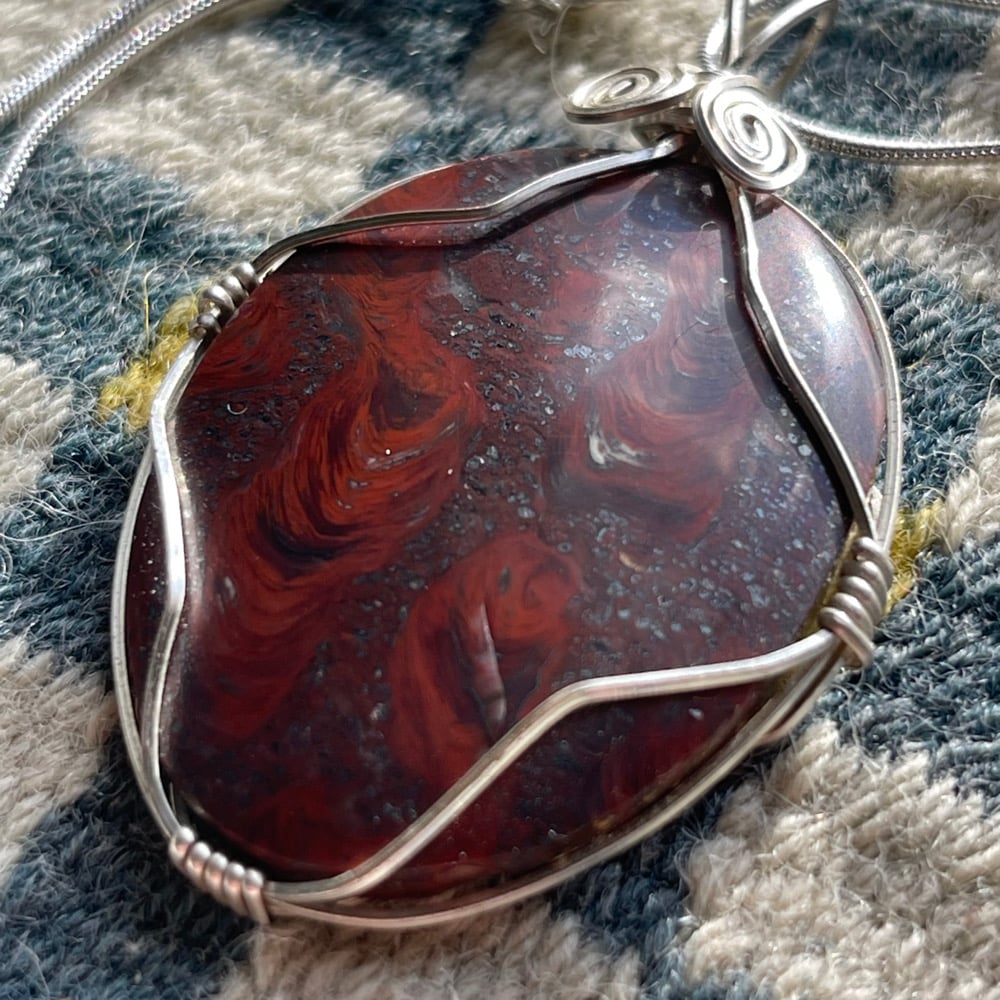 Mary Ellen Jasper and Hematite Stromatolite Cabochon Pendant On Necklace