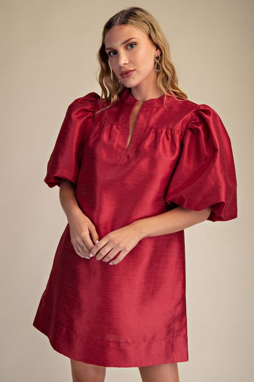 Image of RED PUFF SLEEVE DRESS 