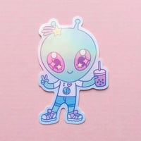 Image 2 of Cutie Star Alien with Boba Holographic Laminated Sticker