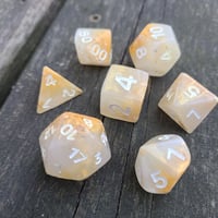 Image 2 of GOLD DUST POLYHEDRAL DICE SET semi-opaque white and gold base