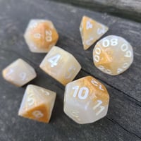 Image 3 of GOLD DUST POLYHEDRAL DICE SET semi-opaque white and gold base