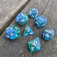 Image 1 of LAGOON POLYHEDRAL DICE SET premium semi-transparent green and blue