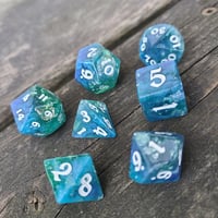 Image 2 of LAGOON POLYHEDRAL DICE SET premium semi-transparent green and blue