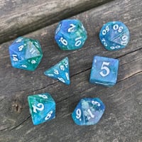 Image 3 of LAGOON POLYHEDRAL DICE SET premium semi-transparent green and blue