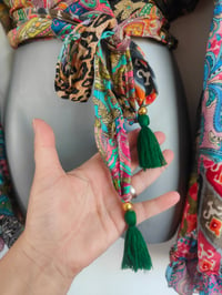 Image 3 of Patchwork Stevie top with tassels- leopard dark green ties