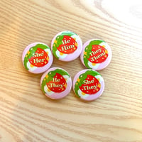 Image 1 of Strawberry Pronoun Pin Back Buttons