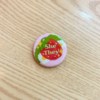 Image 4 of Strawberry Pronoun Pin Back Buttons