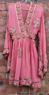 Image 1 of Sienna glitter wrap dress Pink heavily jewelled 