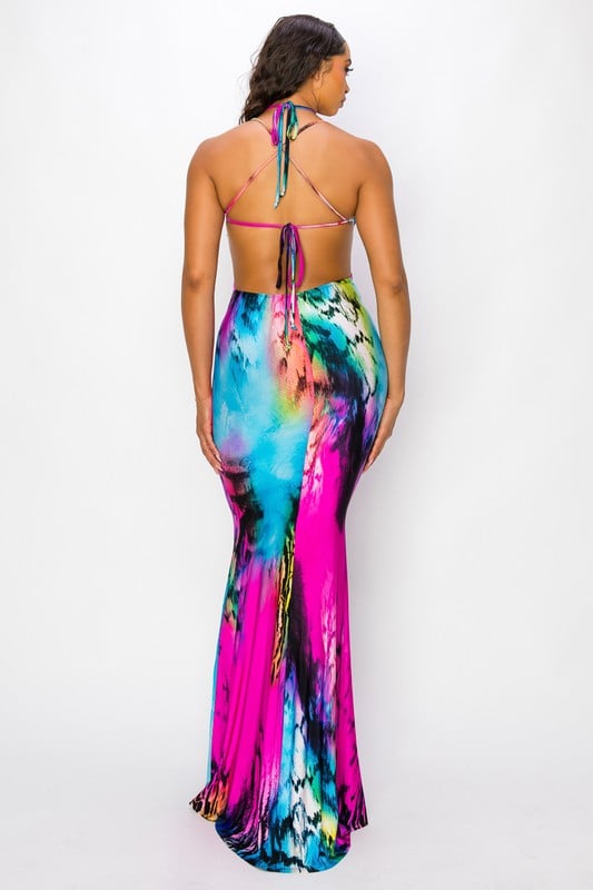 Image of 3PACK  Fuchsia/Mutli Venezia O-Ring Diamond Cut Halter Maxi Dress-09